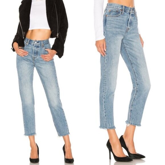 Revolve Levis Wedgie Raw Hem Button Fly High Rise Denim Shut Up Blue Size 28 - Picture 2 of 15